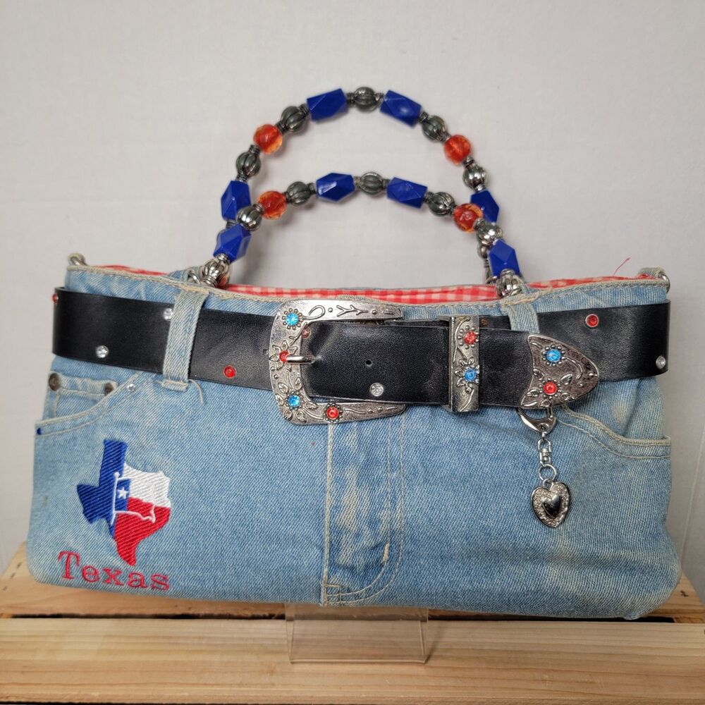 Texas Denim Jeans Western Purse w/ Beaded Handles